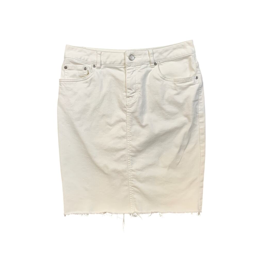 J McLaughlin Skirt Womens 2 White Denim Stretch Frayed Hem Pockets Pencil Mini